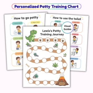 Puede incluir: Un conjunto de gráficos personalizados para el entrenamiento para ir al baño. El gráfico principal presenta un dinosaurio y un camino con círculos. Los otros gráficos muestran guías visuales para usar el inodoro. Texto: "Personalized Potty Training Chart".