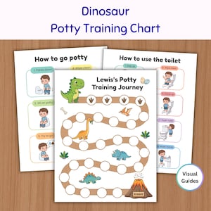 May include: A set of three white paper potty training charts featuring dinosaur illustrations and instructional steps. The central chart is titled Lewis's Potty Training Journey and includes a winding path of circles leading to a volcano reward icon.