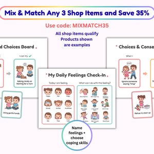 May include: Three educational charts titled My Good Choices Board, My Daily Feelings Check-In, and Choices & Consequences. The charts feature cartoon illustrations of children demonstrating social behaviors, emotional states, and coping skills.
