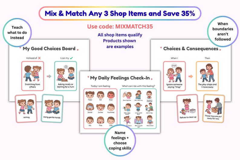 May include: Three educational charts titled My Good Choices Board, My Daily Feelings Check-In, and Choices & Consequences. The charts feature cartoon illustrations of children demonstrating social behaviors, emotional states, and coping skills.