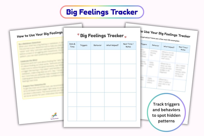 May include: A Big Feelings Tracker printable set featuring three white pages with blue grid lines. The central page includes columns for Date and Time, Triggers, Behavior, What Helped, and Next Time/Notes. The outer pages provide instructions.