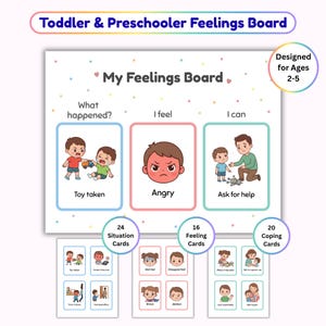 Puede incluir: Un conjunto de "My Feelings Board" para niños pequeños y preescolares, diseñado para edades de 2 a 5 años. El tablero presenta tarjetas con ilustraciones y texto, incluyendo "Toy taken", "Angry" y "Ask for help". Incluye 24 tarjetas de situación, 16 tarjetas de sentimientos y 20 tarjetas de afrontamiento.