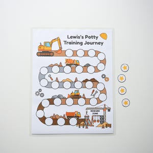 May include: A potty training chart titled Lewis's Potty Training Journey featuring a winding brown path with white circular spaces, construction vehicles, tools, and a reward zone. Four circular yellow star stickers are placed to the right.