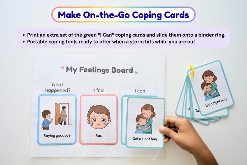 May include: A My Feelings Board with illustrated cards featuring text like What happened, I feel, and I can. A stack of coping cards on a yellow binder ring shows illustrations of people hugging with the text Get a tight hug.