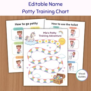 May include: Three printable potty training charts featuring a rainbow path with circular spaces for stickers, a unicorn, a sun, and a treasure chest. The charts include text titled Mia's Potty Training Adventure, How to go potty, and How to use the toilet.