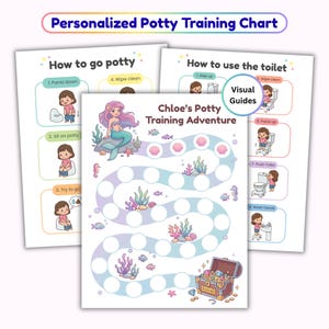 May include: Three printed potty training charts featuring a mermaid theme titled Chloe's Potty Training Adventure. The charts include visual guides for using the toilet, steps for going potty, and a path with circles for tracking progress.