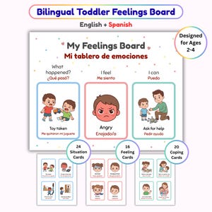 Bilingual Toddler Feelings Board, Kids Emotion Regulation Chart, Calm Down Corner Printable (English/Spanish)