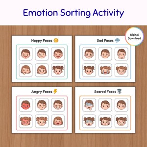 May include: An Emotion Sorting Activity printable sheet featuring four sections labeled Happy Faces, Sad Faces, Angry Faces, and Scared Faces. Each section contains six illustrated cartoon faces depicting various expressions with icons.