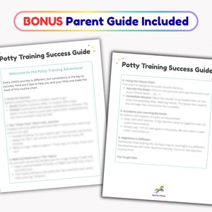 May include: Two white pages titled Potty Training Success Guide with black text and colorful accents. The top banner reads BONUS Parent Guide Included and a circular badge states Includes US Letter & A4 Sizes. A small unicorn logo is at the bottom.