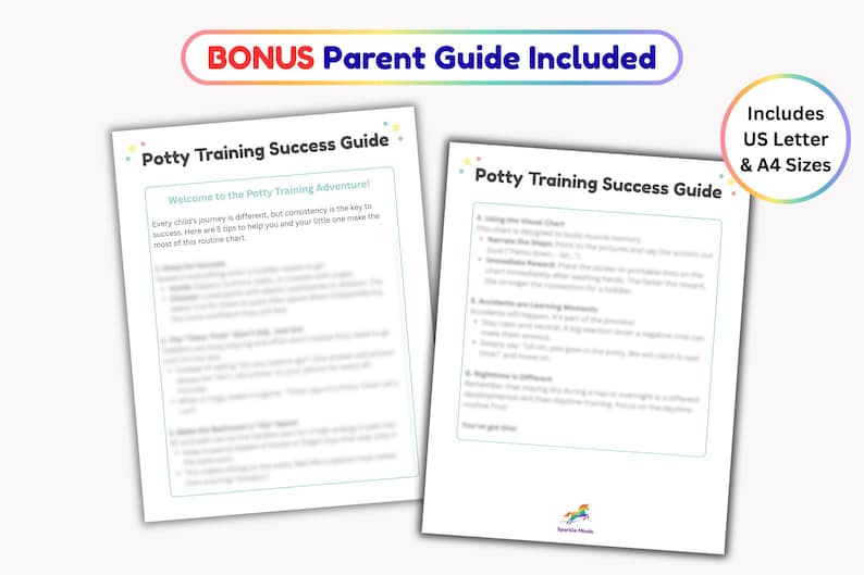 May include: Two white pages titled Potty Training Success Guide with black text and colorful accents. The top banner reads BONUS Parent Guide Included and a circular badge states Includes US Letter & A4 Sizes. A small unicorn logo is at the bottom.