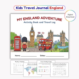 Può includere: Un libro di attività e diario di viaggio Kids Travel Journal England con un'illustrazione colorata dei monumenti di Londra tra cui il Big Ben, il Tower Bridge, una cabina telefonica rossa, una guardia reale e un autobus a due piani con il testo My England Adventure.