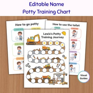 May include: Three printable potty training charts featuring construction-themed graphics. The central chart displays a winding path with circular spaces, a yellow excavator, a cement mixer, and the text Lewis's Potty Training Journey. Two side charts provide step-by-step visual guides for using the toilet.