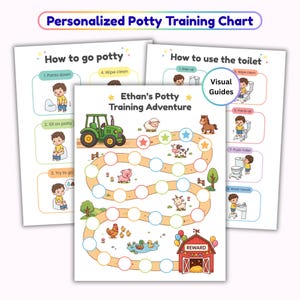 May include: A set of three personalized potty training charts. The central chart features a farm-themed game board with a tractor, animals, and a reward barn. The other charts provide visual guides on how to use the toilet and go potty.