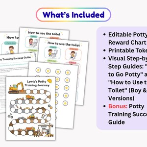 May include: A digital download set featuring potty training materials including a reward chart with construction vehicle graphics, printable tokens, and step-by-step guides titled How to Go Potty and How to Use the Toilet for children.