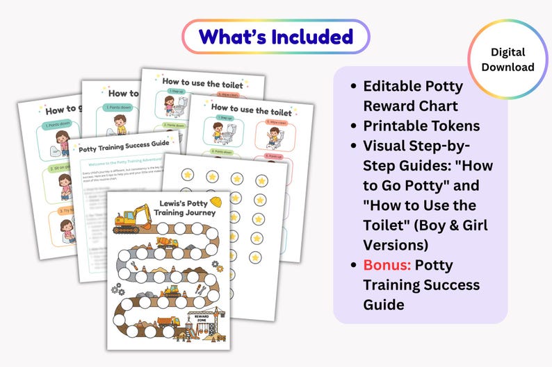 May include: A digital download set featuring potty training materials including a reward chart with construction vehicle graphics, printable tokens, and step-by-step guides titled How to Go Potty and How to Use the Toilet for children.