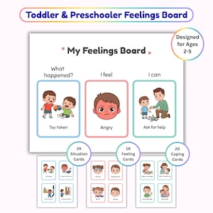 Op de afbeelding: Een gevoelensbord voor peuters en kleuters met de tekst My Feelings Board, verdeeld in drie kolommen: What happened?, I feel en I can. Het bevat illustraties, 24 situatiekaarten, 16 gevoelenskaarten en 20 copingkaarten voor kinderen.