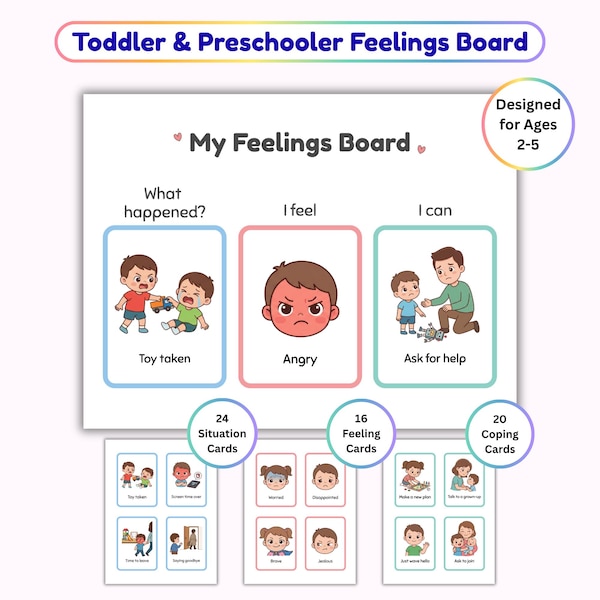 Feelings Board for Toddler and Preschooler, Kids Emotion Regulation Chart, Calm Down Corner Printable