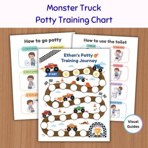 May include: A set of three potty training charts featuring a monster truck theme. The central chart is titled Ethan's Potty Training Journey with a winding dirt track, monster trucks, and circular spaces. Two side charts provide visual guides.
