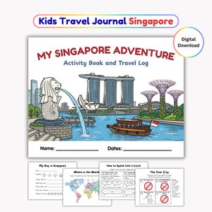 Op de afbeelding: Een digitaal reisdagboek voor kinderen getiteld My Singapore Adventure Activity Book and Travel Log. De omslag bevat een kleurrijke illustratie van de Merlion, Marina Bay Sands en Supertree Grove. Bevat pagina's voor dagelijkse logboeken.