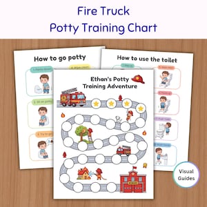 May include: A set of three printed potty training charts featuring a fire truck theme. The central chart is titled Ethan's Potty Training Adventure and includes a winding road path with circular spaces, fire truck graphics, and a fire station.