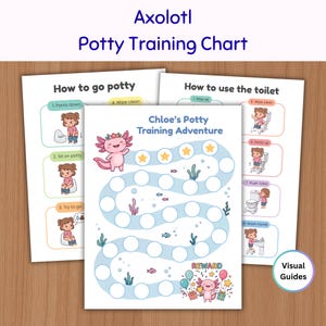 May include: A set of three potty training charts featuring an axolotl theme. The central chart is titled Chloe's Potty Training Adventure with a winding path of circles, while the side charts provide visual guides for using the toilet and potty.