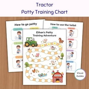 May include: A set of three printed potty training charts featuring a tractor theme. The central chart is titled Ethan's Potty Training Adventure and includes a winding path with circular spaces, farm animals, and a red barn reward station.