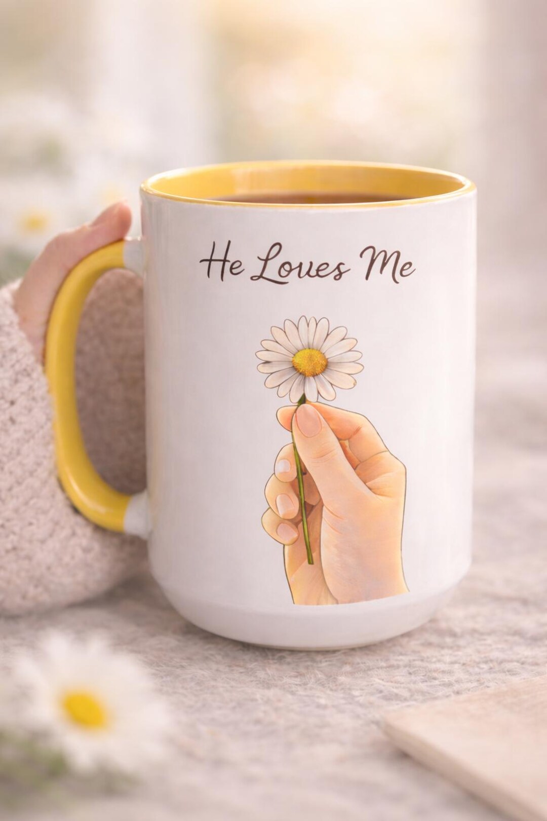 Daisy Coffee Mug, He Loves Me Not Daisy Illustration Mug, Floral ...
