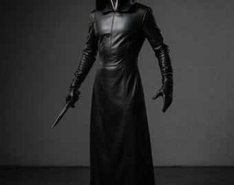 Leather Trench Coat Men Black Long Hooded Gothic Halloween Costume Jacket