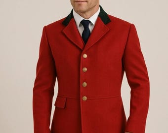 Red Wool Hunt Coat with Green Velvet Collar - Tailored English Equestrian Jack
