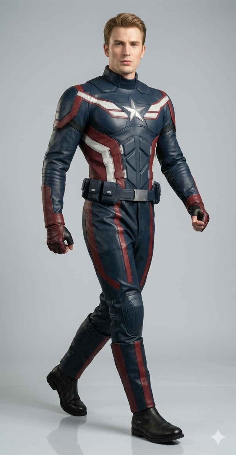 captain america costume, luxury superhero suit, cinematic cosplay replica, avengers leather uniform, steve rogers outfit, winter soldier suit, high quality comic con gear, tactical hero outfit, realistic halloween costume, custom superhero leather, tailored cosplay suit, movie accurate replica, professional cosplay gear, endgame suit replica