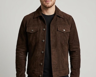 Men's Dark Brown Suede Trucker Jacket | Real Leather Slim Fit Western Coat