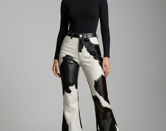 Cow Print Leather Flare Pants - High Waisted Western Bell Bottom Trousers