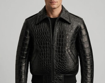 Men's Luxury Crocodile Embossed Leather Bomber Jacket | Black Exotic Coat