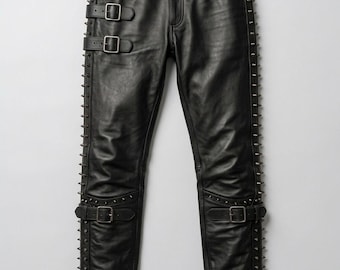 Men's Studded Leather Pants Punk Rock Biker Slim Fit Trousers