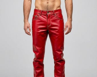 Men's Red Leather Biker Jeans - Slim Fit Stitched Motorcycle Pants