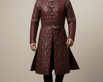 Quilted Burgundy Leather Gambeson Coat, Gothic Frock