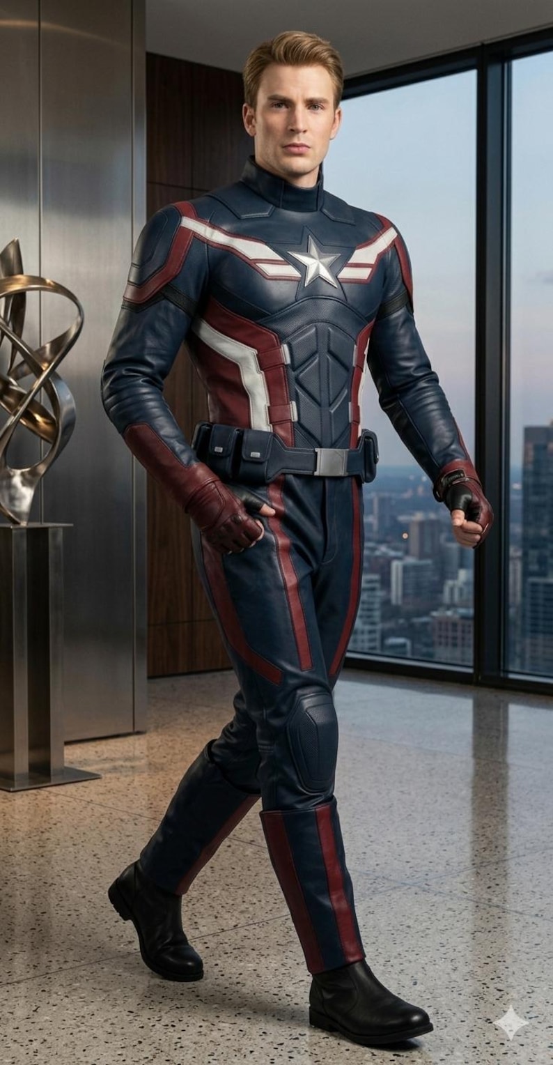 captain america costume, luxury superhero suit, cinematic cosplay replica, avengers leather uniform, steve rogers outfit, winter soldier suit, high quality comic con gear, tactical hero outfit, realistic halloween costume, custom superhero leather, tailored cosplay suit, movie accurate replica, professional cosplay gear, endgame suit replica