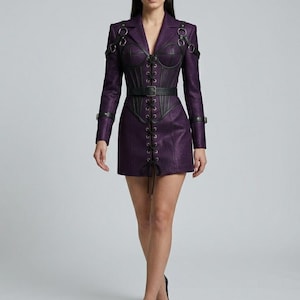leather purple dress Faux Puff Sleeve Deep / M length hem that hits mid PRESLEY LEATHER MINI BABYDOLL DRESS