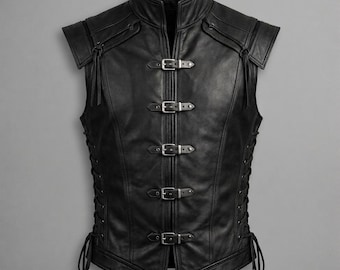 Gilet da uomo in pelle nera, armatura da guerriero medievale