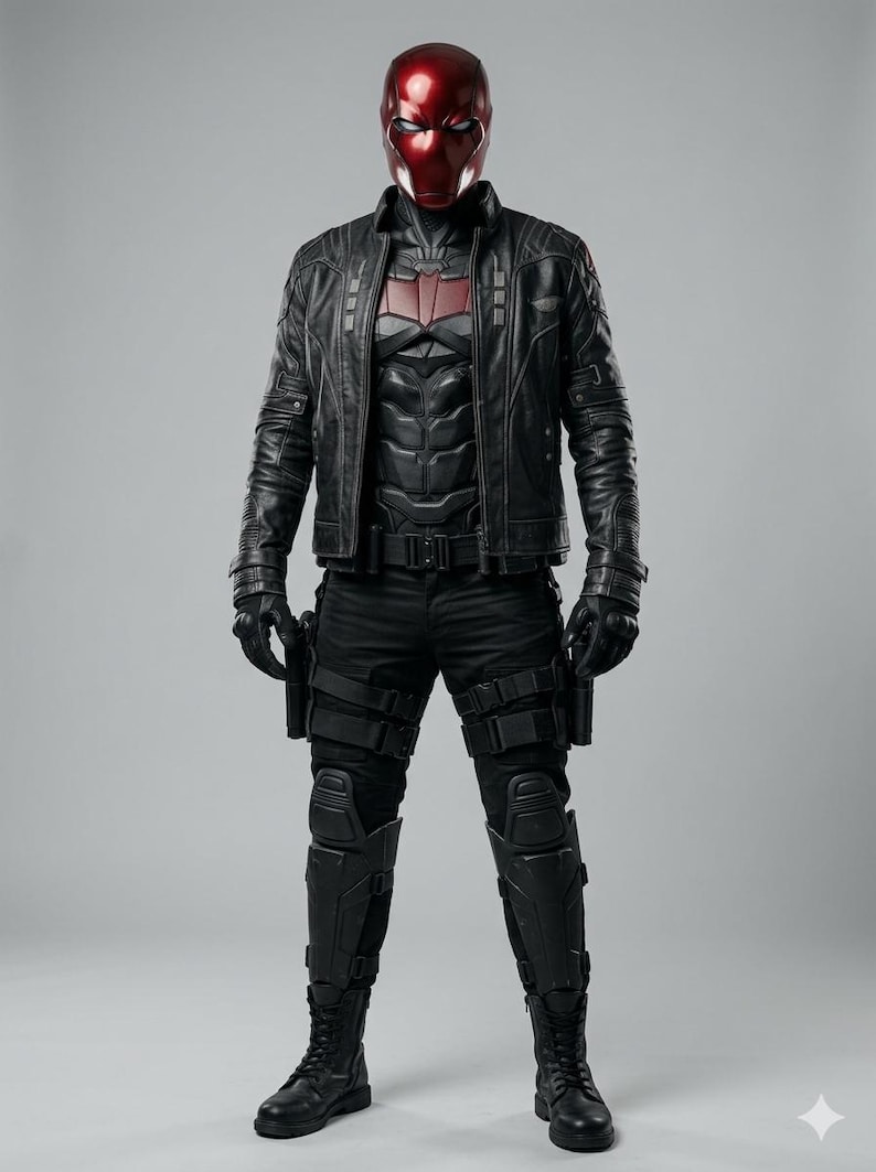 Red Hood inspired cosplay, premium leather jacket, Jason Todd, Gotham City fashion, comic book costume, superhero apparel, anti-hero aesthetic, high detail armor, convention outfit, cosplay photography, luxury cosplay gear, red bat logo, tactical style jacket, mens hero suit, realistic costume, high quality materials, detailed stitching, embossed logo, layered body armor, utility straps, premium craftsmanship, cosplay collector.