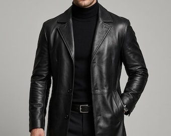 Men's Black Leather Trench Coat - Slim Fit Mid-Length Jacket - Luxury Overcoat