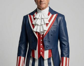 Genuine Leather Uncle Sam Costume, Patriotic Tailcoat Cosplay Outfit