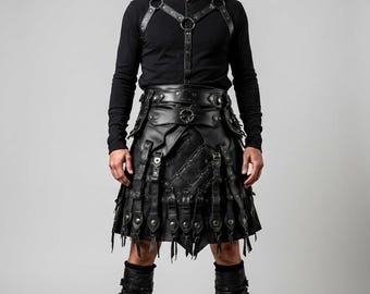 Men's Gothic Leather Gladiator Kilt - Black Armored Steampunk Utility Combat Kilt