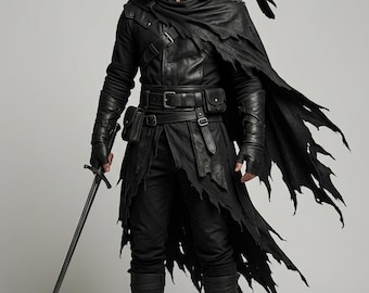 Herren Dark Assassin Schurken-Kostüm mit zerfetztem Kapuzen-Umhang - Taktisches Mittelalter-Halloween-Kostüm