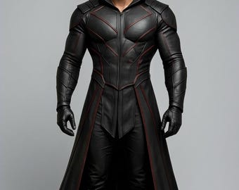 Men's Luxury Black Leather Hooded Trench Coat - Gothic Cyberpunk Assassin Jacket