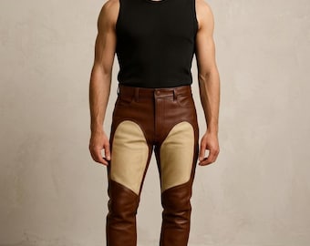 Pantaloni da motociclista da uomo in pelle bicolore stile chaps, pantaloni da motociclista in pelle bovina