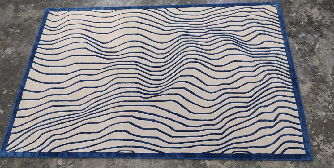 Modern Abstract Wave Pattern Hand Tufted Wool Rug -navy Blue and Cream ...