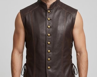 Men's Dark Brown Medieval Leather Vest - Vintage Aristocratic Sleeveless Doublet