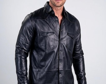 Men's  Black Leather Shirt - Slim Fit Western Style Real Lambskin Jacket