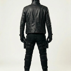Red Hood inspired cosplay, premium leather jacket, Jason Todd, Gotham City fashion, comic book costume, superhero apparel, anti-hero aesthetic, high detail armor, convention outfit, cosplay photography, luxury cosplay gear, red bat logo, tactical style jacket, mens hero suit, realistic costume, high quality materials, detailed stitching, embossed logo, layered body armor, utility straps, premium craftsmanship, cosplay collector.